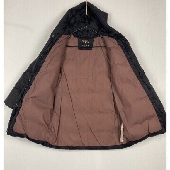 Zara Woman Black Down Zip Up Puffer Jacket Size 10 Winter Coat Hooded - Picture 1 of 16